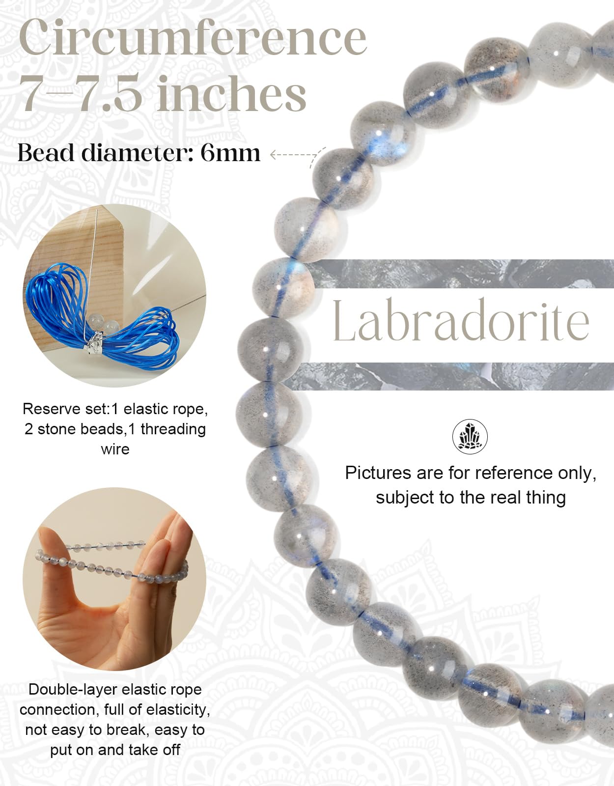 Landorilo Beaded Bracelet for Men Women, 6mm Natural Stone Labradorite Healing Crystal Stretch Bracelets, Ideal Christmas Birthday Jewelry Gifts with Energy Card，Replacement Beads Included