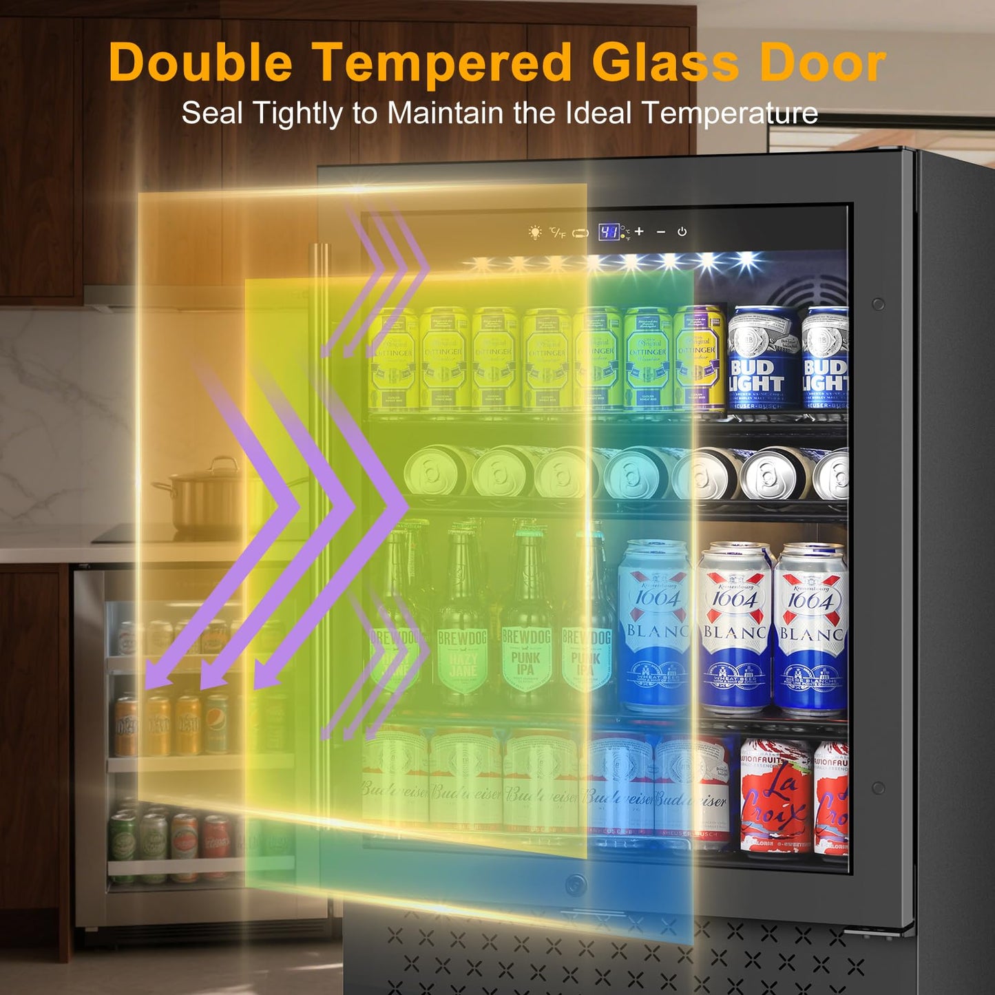 FoMup Beverage Refrigerator 24 Inch 200 Can Drink Fridge with Glass Door, Under Counter/Freestanding Beverage Cooler with Temperature Control, Reversible Door, Quick Cooling for Beer Soda Wine, Black