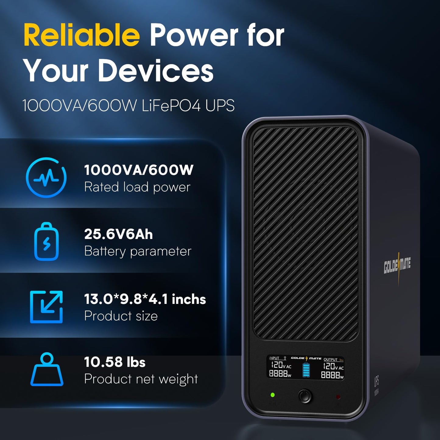 GOLDENMATE 1000VA/600W Lithium UPS Battery Backup and Surge Protector, Sinewave UPS System with LiFePO4 Battery(153.6 Wh), Updated Pro Ver. with USB Communication Port, 8 Outlets, LCD Display, Gray