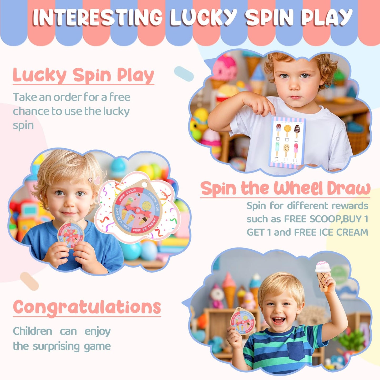 Ehome Wooden Ice Cream Toys Set Pretend Play Food Store for Kids Serve Ice Cream Counter Shop Kitchen Playset with Lucky Wheel, Scoop, Menu, Fake Money for Boys and Girls Ages 3 4 5 6 Birthday Gift