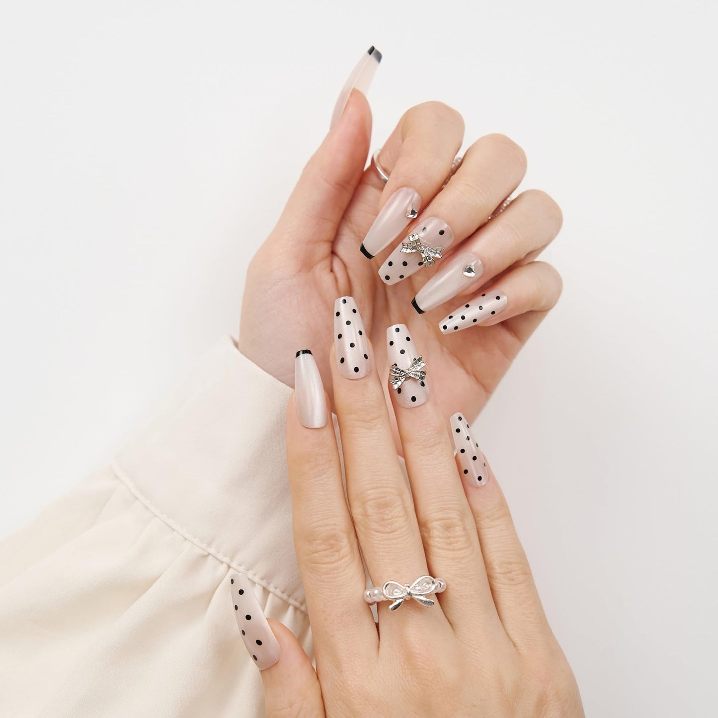 French Polka Dot Press On Nails - Handmade 3D Bow With Rhinestones Black French Tip Nails, Medium Ballerina, For Women And Teens, Ideal For Parties, Birthdays, And Casual Wear, 12 Sizes 24 Nail Kit