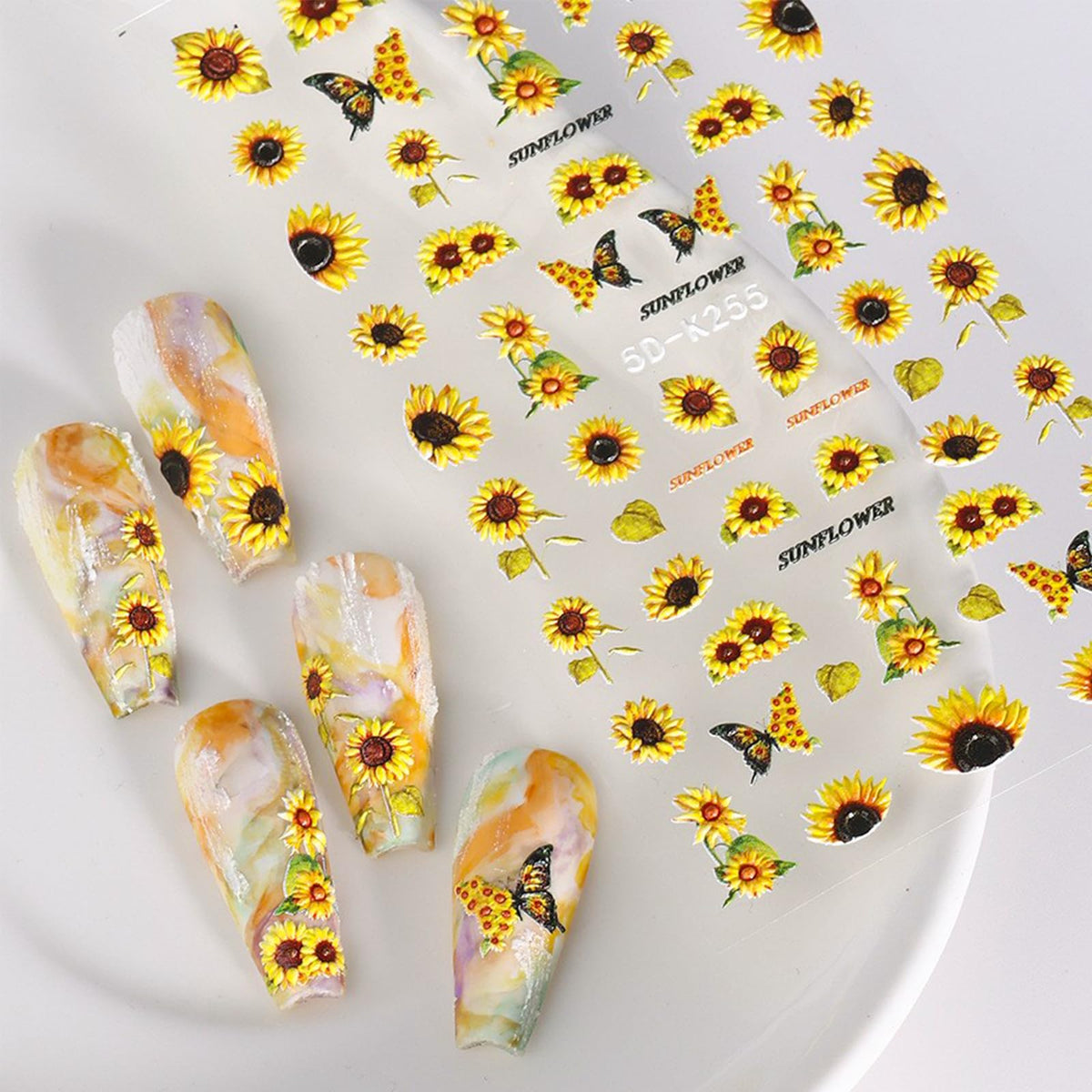 5D Embossed Sunflower Nail Art Stickers Self-Adhesive Flower Nail Decals Engraved Floral Summer Nail Sticker Acrylic Nail Art for Women Girls Manicure Decoration 4 Sheets
