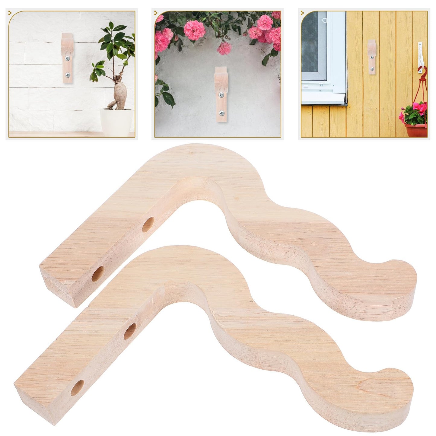 Toddmomy 2pcs Wooden Flower Pot Hanging Wall Hooks for Indoor Outdoor Plant Hangers, Wall-Mounted Plant Brackets for Lanterns Wind Chimes Balcony Garden Decor