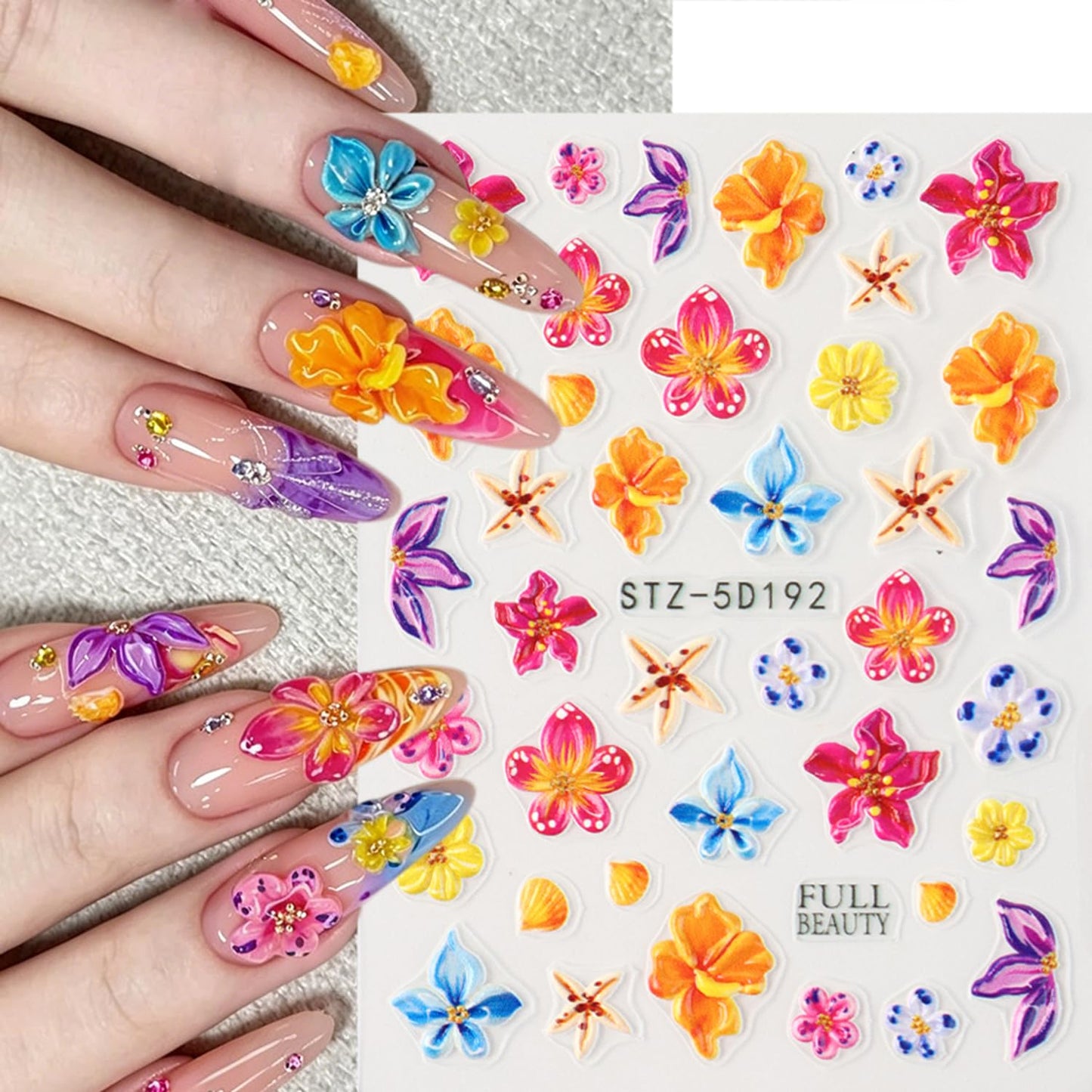 5D Embossed Nail Stickers, 6Pcs Self-Adhesive 3D Floral Nail Decals with Hibiscus, Dolphin & Starfish,Seashell, Tropical Flower Summer Ocean Nail Art Supplies DIY Manicure Nail Accessories for Women