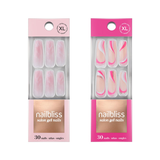 Dashing Diva Nailbliss Gel Manicure Bundle - Sweet Dreams Collection - Salon Quality, Easy to Apply and Chip Resistant - Contains 2 Sets of 30 Extra-Long Length, Square Shaped, Glue On Gel Nails