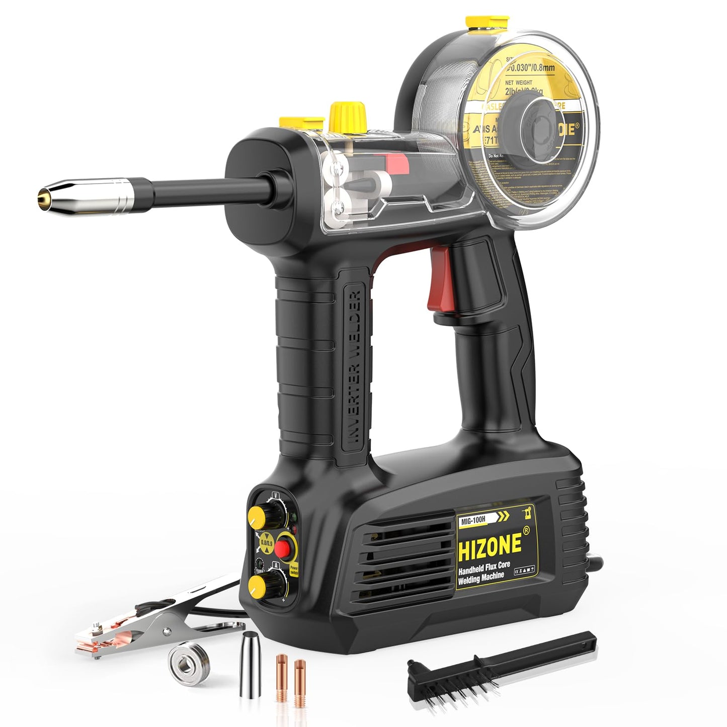 Hand Held MIG Welder Machine 110V, HIZONE 100A Flux Core Portable Welding Machine, Handheld Gasless Inverter Wire Feed Welding Equipment