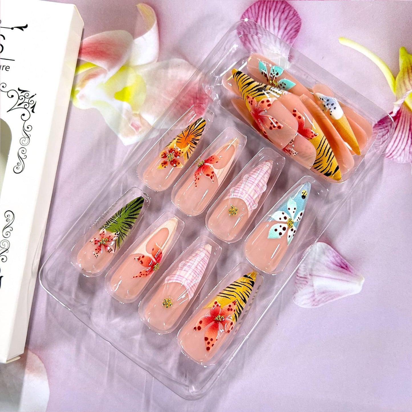 Colorful Flower Press on Nails Long Artificial Acrylic Fake Nails French Leopard Print Gradient 3D Floral Reusable Almond Coffin Stick on Nail Full Cover Gold Beads Artificial Fingernails for Women