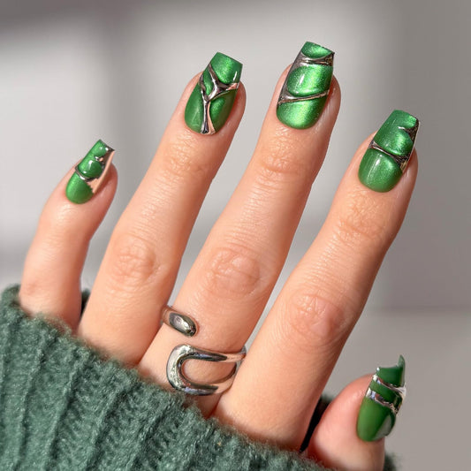 Glamnetic Press On Nails x Harry Potter™ - Salazar Slytherin™ | Medium Coffin Fake Nails with 3D Silver Design & Velvet Finish, Salon Quality Officially Licensed | 15 Sizes - 30 Nail Kit with Glue