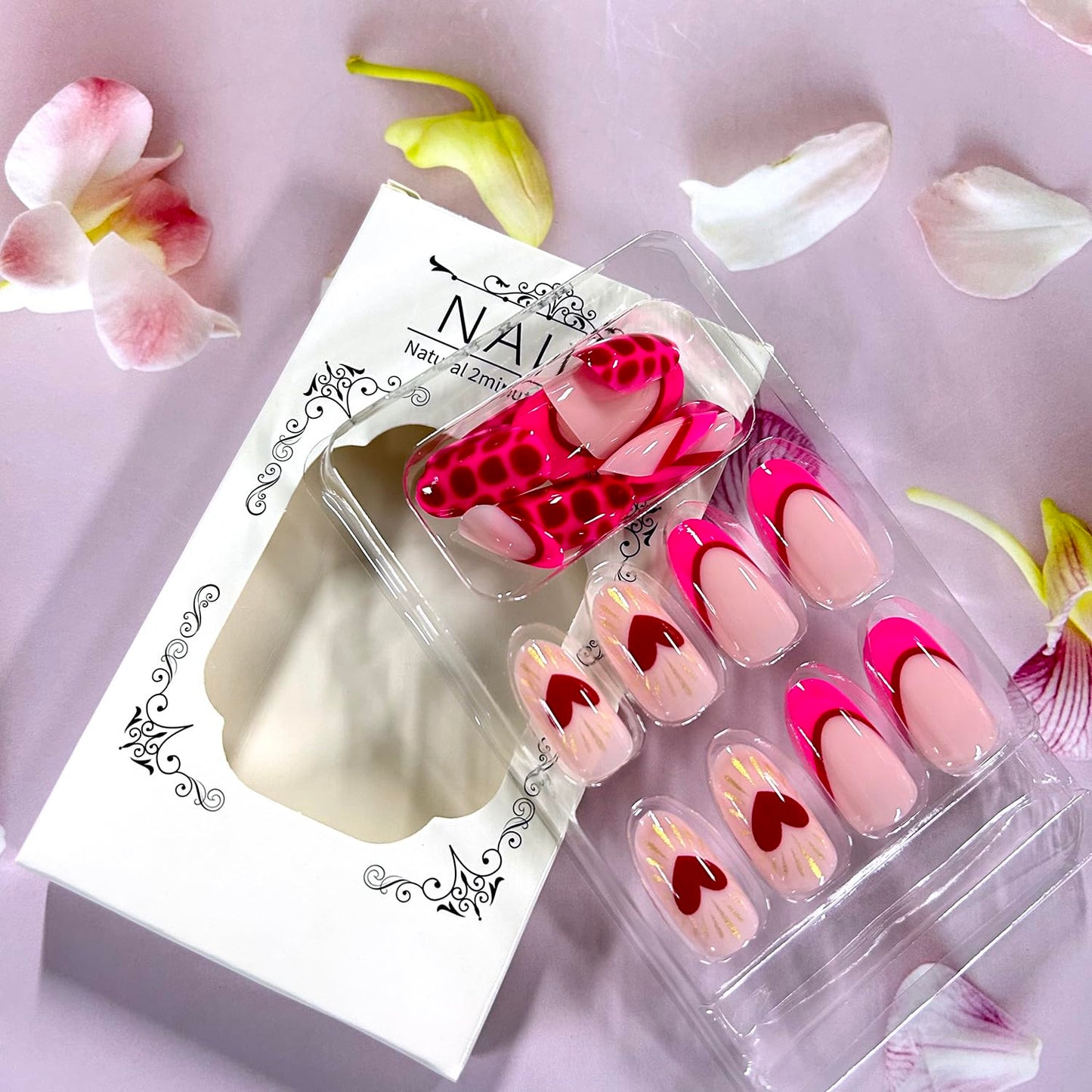 CJDLTS 24Pcs Valentines Press on Nails Short Artificial Acrylic False Nails Oval French Red Love Fake Nail Full Cover Leopard Print Reusable Coffin Artificial Fingernails for Women Festival Manicure