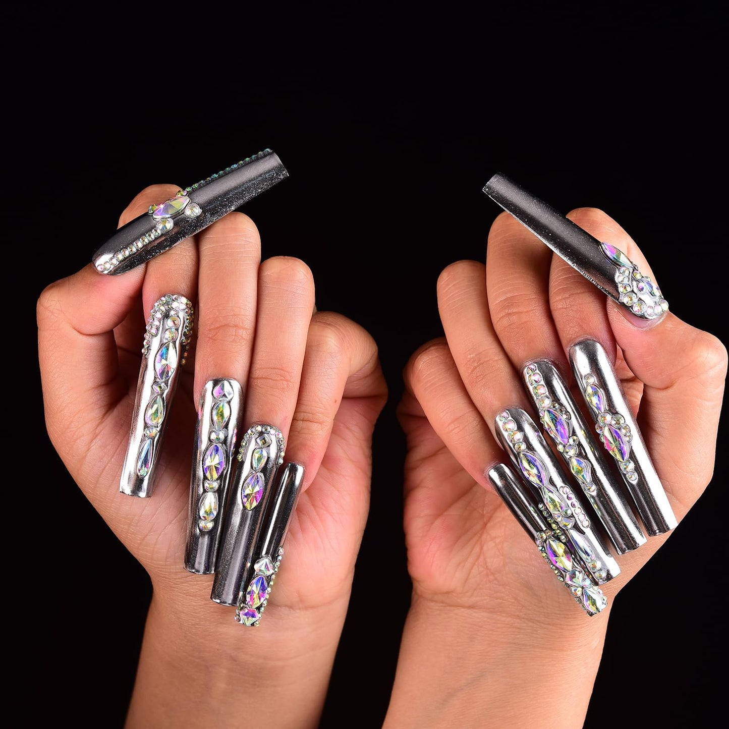 Tmani 10pc/set Extra Long Handmade Press On Nail Hot Girl's Long Ballet Nails Square Nail Full of Diamond Glitter Decoration Fake Nails Suitable For Girls Festival Parties and Birthday Gift (091,L)