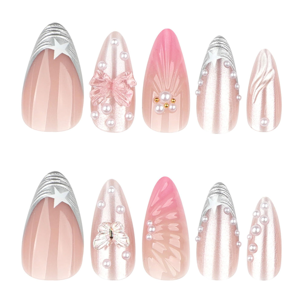 octoswave Press on Nails Almond Medium Pink Chrome French Tip with 3D Bow Butterfly Pearl Design Fake Nails for Women Party Wedding 24Pcs