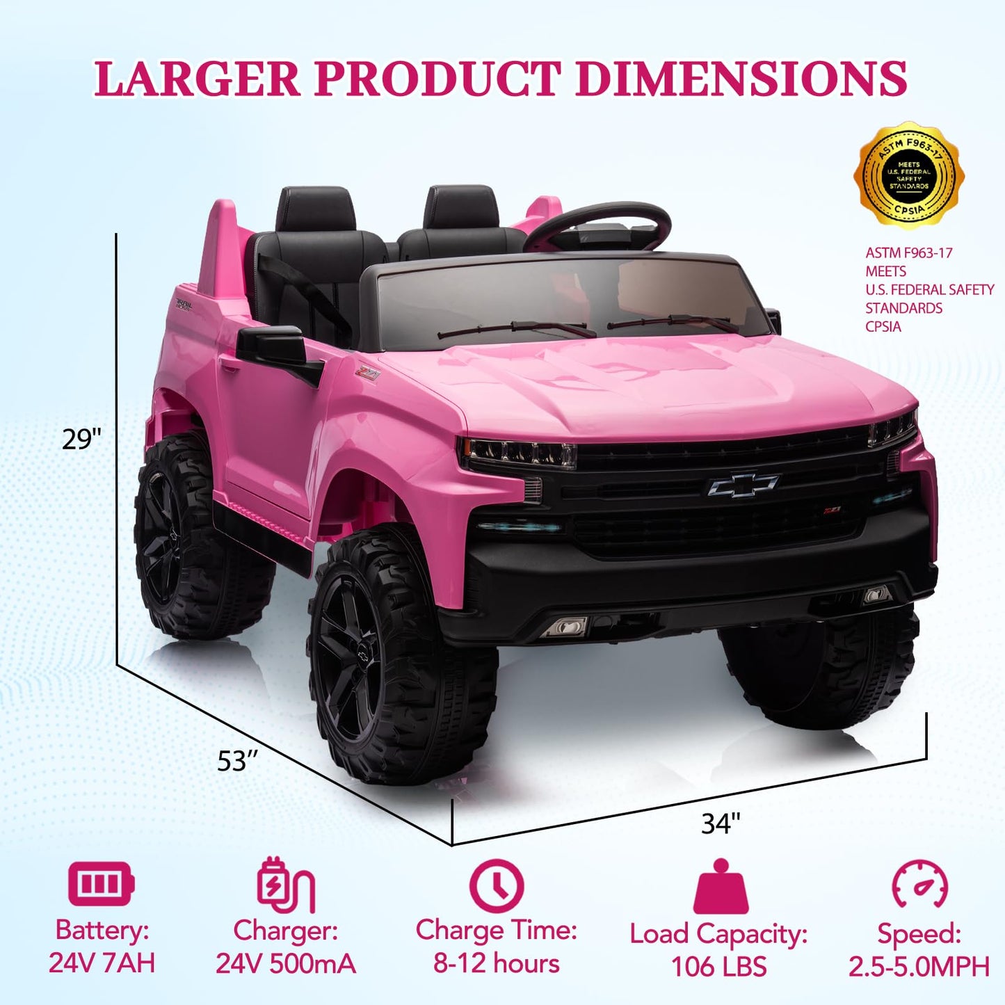 Jojoka Baby Car 24V 2-Seater Truck Licensed Chevrolet Silverado Ride On Toy w/Parent Remote Control,4xSpring Suspension, Wireless Music, Electric Vehicle Car for Kids Ages 3-8,Pink