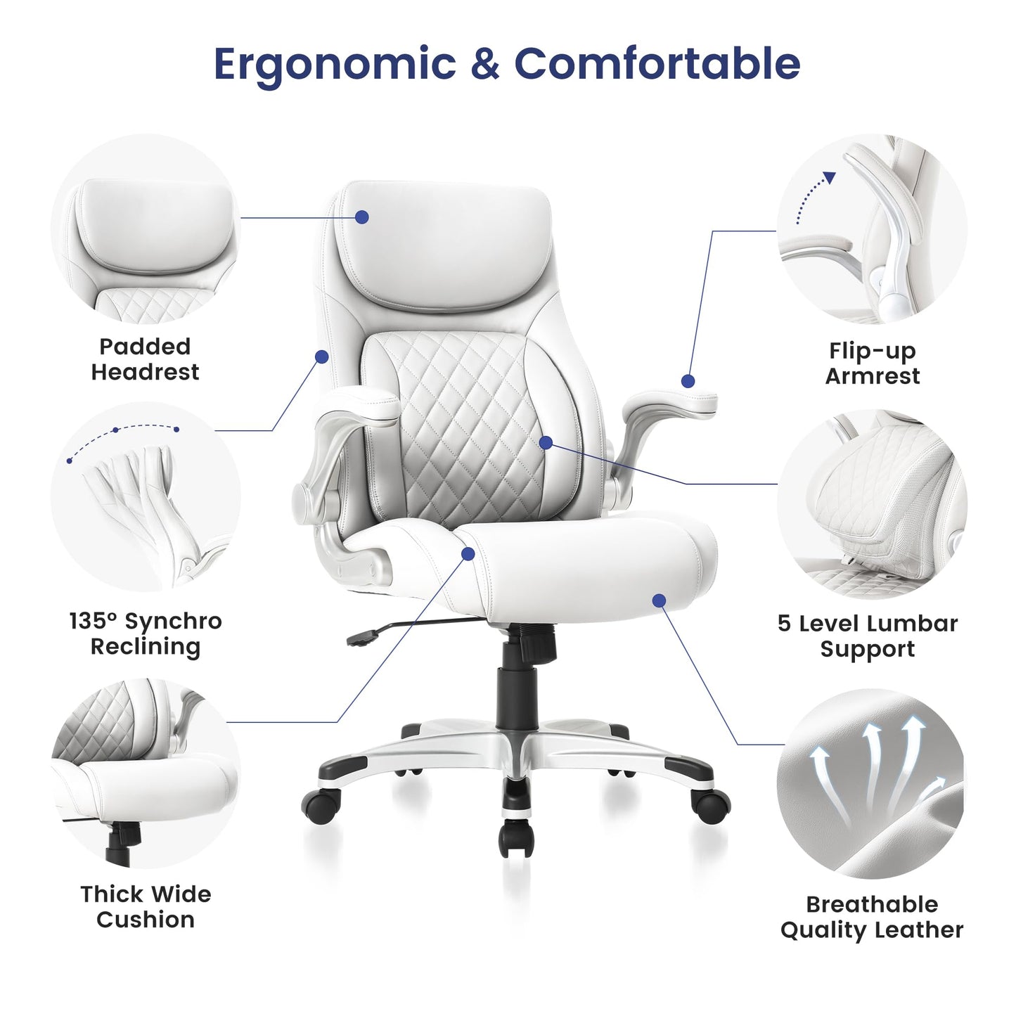 Nouhaus Ergonomic Office Chair Premium Microfiber Leather Adjustable Lumbar Support & Armrests, High Back Comfy Desk Gaming Chairs Executive Computer Swivel Chair Tilt Function(Posture,White)