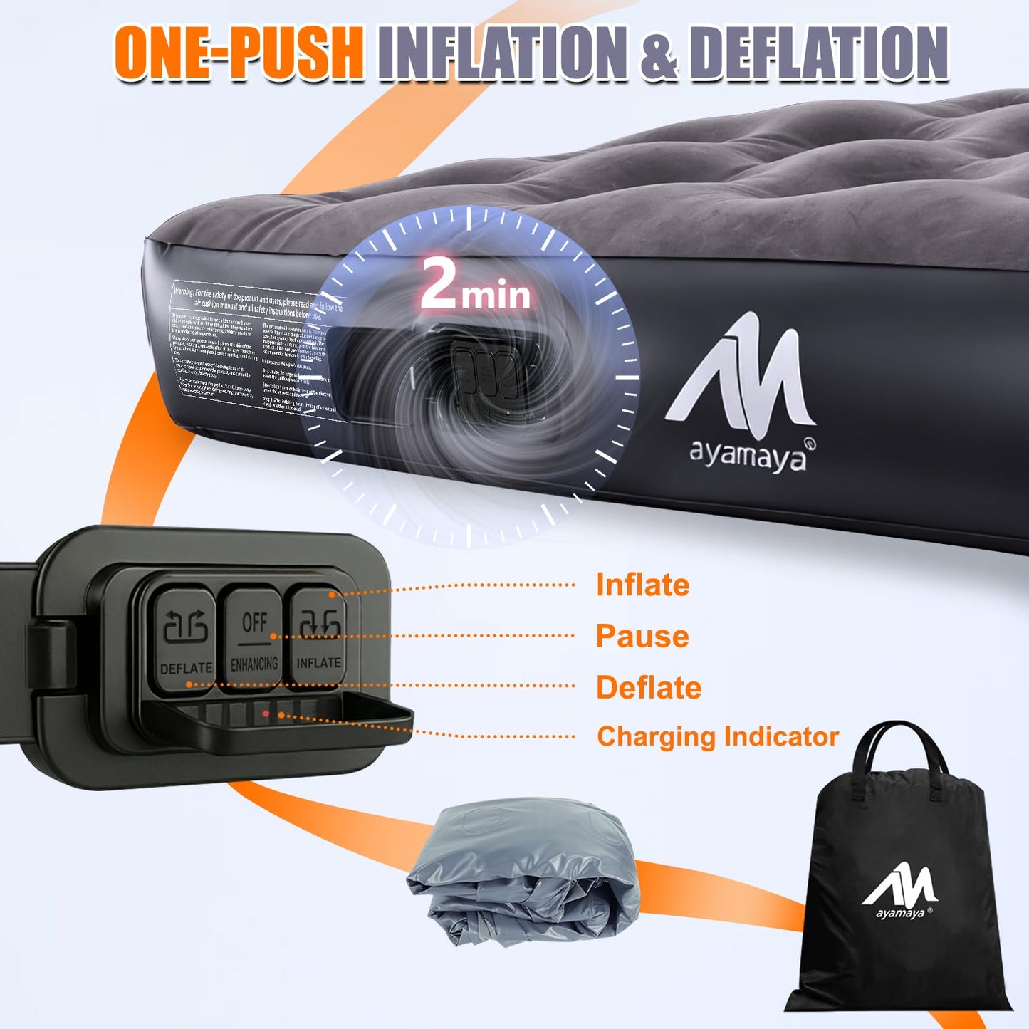 AYAMAYA Camping Fan + Air Mattress, 9 Speeds Battery Powered Fans with Digital Display, 6-6.5ft Full Size Truck Bed with Cordless Pump for Outdoor Camping, Road Trip