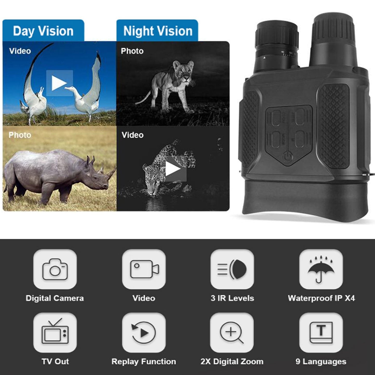 Astromania Night Vision Binocular/Digital Infrared Night Vision Scope - Hunting IR Telescope with 2" TFT LCD in-View,1300ft/400M Viewing Range,640x480p HD Photo Camera Video Recorder Display