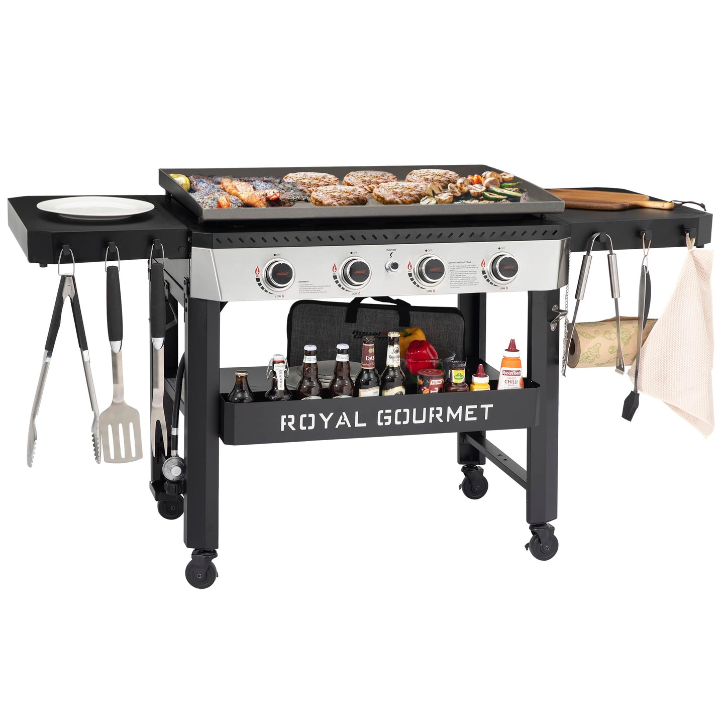 Royal Gourmet GB4007 4 Burner Propane Gas Griddle with Folding Side Tables, 34-Inch Flat Top Grill with 52,000 BTUs Output for Outdoor Cooking like Camping or Tailgating, Black & Silver
