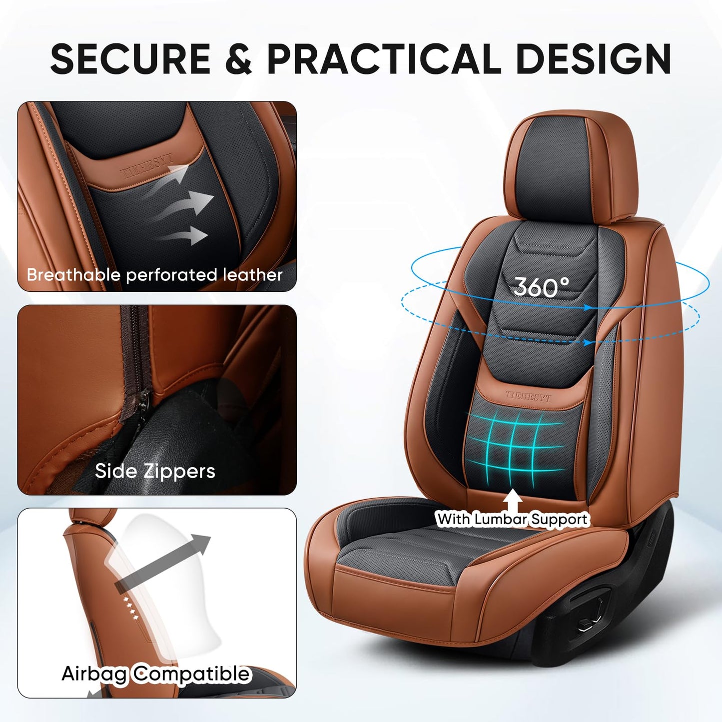 TIEHESYT Leather Car Seat Covers Full Set with Lumbar Support, Waterproof Car Seat Cover, Universal Seat Covers for Cars, Trucks, SUVs, Sedans, Airbag Compatible, Front Pair and Rear, Brown&Black