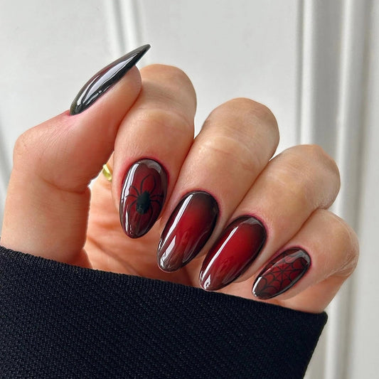 MISUD Press on Nails - Medium Almond Fake Nails with Goth Red Black, Acrylic Gothic Vampire Design 24 pcs