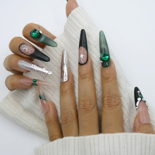 Long Coffin Style Press-on Nails Stiletto Fake Nails,design with 3D Moon, green and silver, Bling Glitter, Exaggerated decoration. 10Pcs Nail Kit for Women Girls Luxury Manicure.