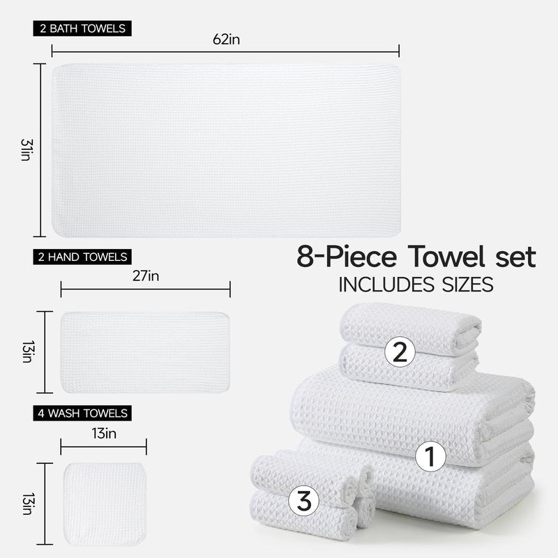 REDKISS Soft 8 Piece Waffle Towel Set, Microfiber, Lighter Weight, Absorbent, Quick Dry, Lint Free Bath Towels for Bathroom, Spa & Hotel – 2 Bath, 2 Hand, 4 Washcloths, White