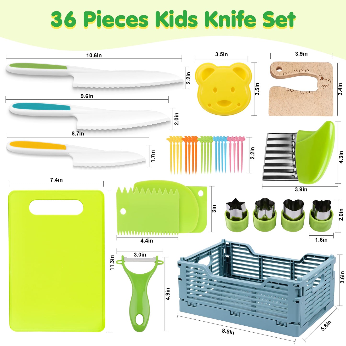 36Pcs Kids Knife Set for Real Cooking, Montessori Kitchen Tools for Toddlers, Safe Kids Cooking Toys with Storage Bin, Toddler Kitchen Knife Set for 3-10 Year Old Boys and Girls Birthday Gifts