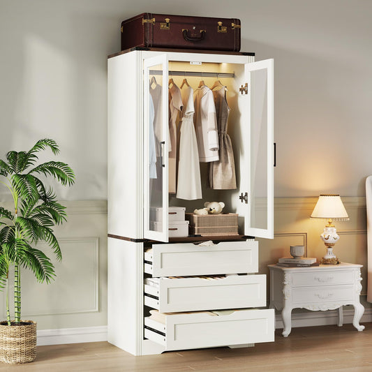 Concho 73'' Tall Farmhouse Armoire Wardrobe Closet with LED Light, Wood Wardrobe Closet with 2 Doors 3 Drawers, Freestanding Bedroom Armoire Clothing Storage Cabinet, White