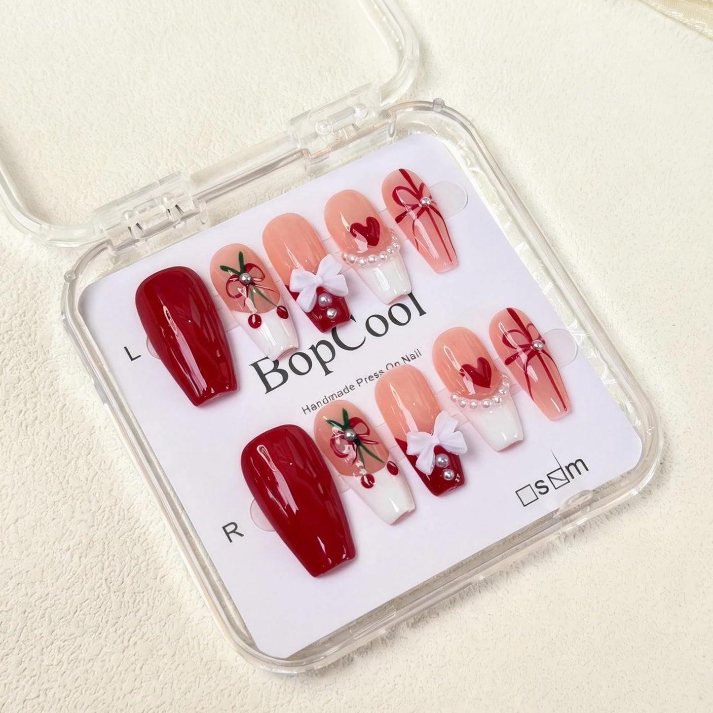Luxury Handmade Press On Nails - Coffin 3D Bows & Cherry Pearls, French Red Reusable False Nails for Date Night & Spring Party, Salon-Grade Gel Acrylic Nail Art (S-10PCS)