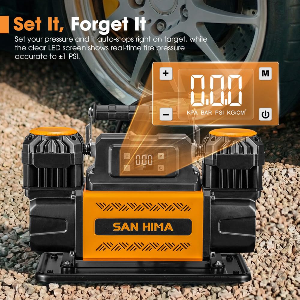SanHima 12V Air Compressor - Dual Cylinder Portable Tire Inflator 12.36 CFM w/LED Screen, Offroad Air Pump Heavy Duty Max 150 PSI for 4x4 Vehicle RV Truck Tires