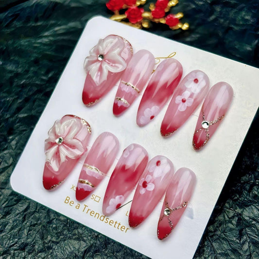 Threelegscat Red Handmade Press on Nails Long Fake Nails with Flower Designs for Women and Girls Size L 10pcs