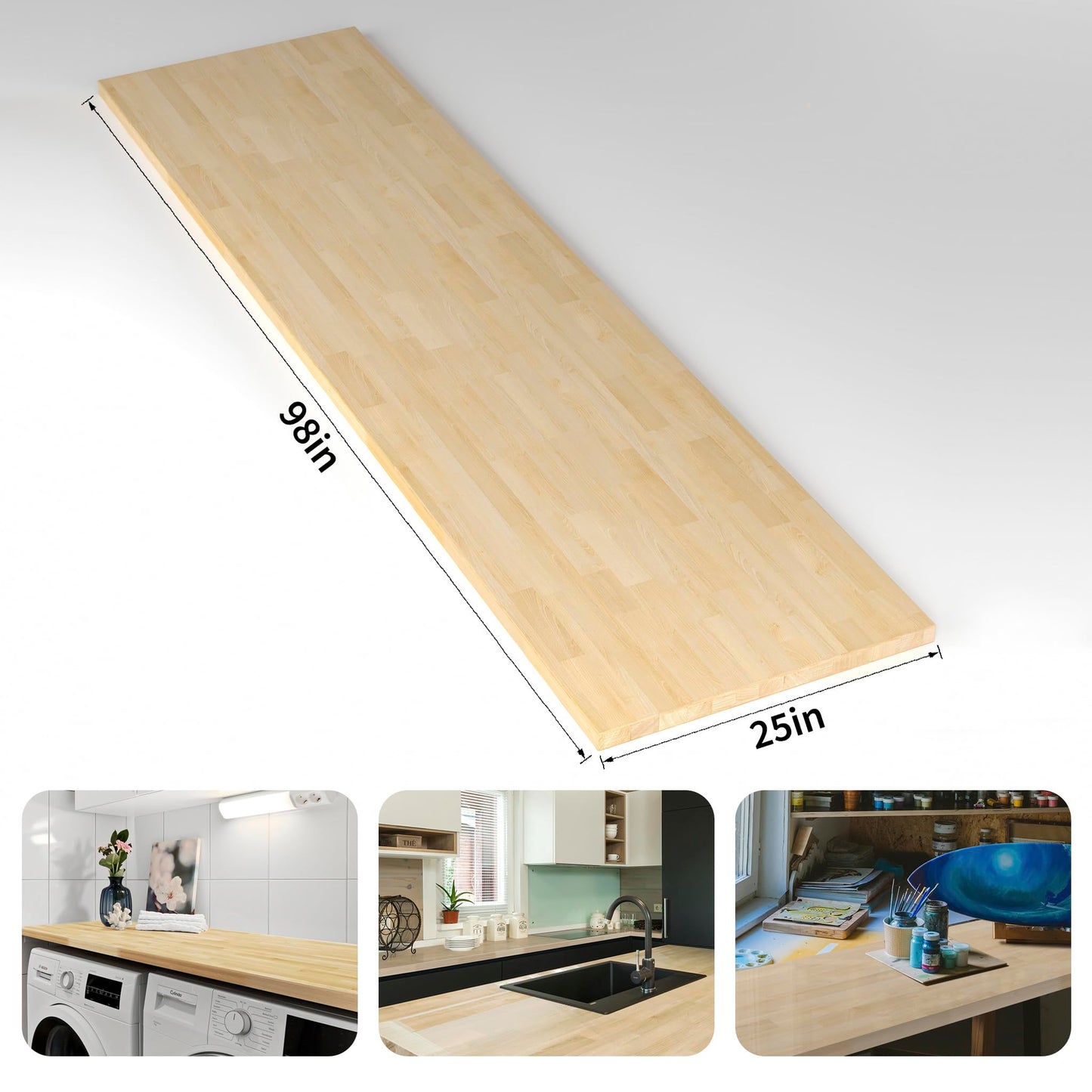 Koby Home 8ft 1.5" Butcher Block Countertop, Unfinished Solid Birch Wood DIY Size Long Wooden Board for Kitchen Island Table Top Washer Dryer Workbench, 98x25 inch 1.5 Thick