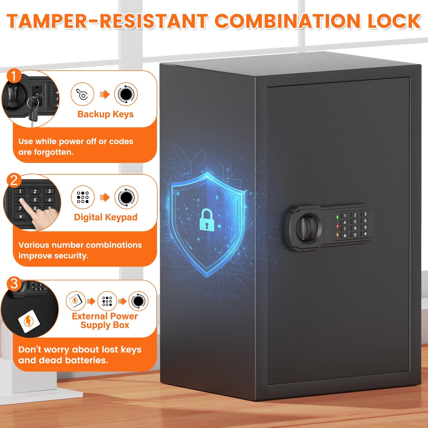 21.65"H Large Safe Box for Home, 5.0 cu ft Anti-Theft Safe with A4 Fireproof Bag, Steel Security Safe with Keypad Lock, Backup Keys, External Power Supply Box, Document Safe for Cash Medicine Document