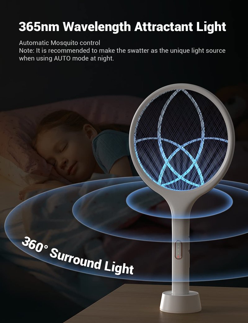YISSVIC Electric Fly Swatter 4000V Bug Zapper Racket Dual Modes Mosquito Killer with Purple Mosquito Light Rechargeable for Indoor Home Office Backyard Patio Camping (2, White)