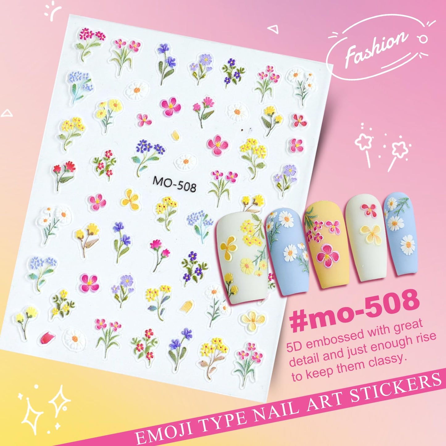 Flower Nail Art Stickers 5D Embossed Nail Decals for Nails Art Design Self-Adhesive Spring Summer Daisy Floral Leaf Plant Nail Accessories for Women Manicure DIY Art Decoration 6 Sheets YX1226