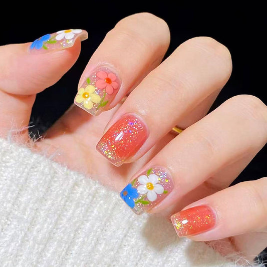 Flower Press on Nails Short Square Fake Nails with Glitter Blending Full Cover Designs Nails Press ons Colorful Glue on Nails Spring Summer Stick on Nails for Women 24Pcs