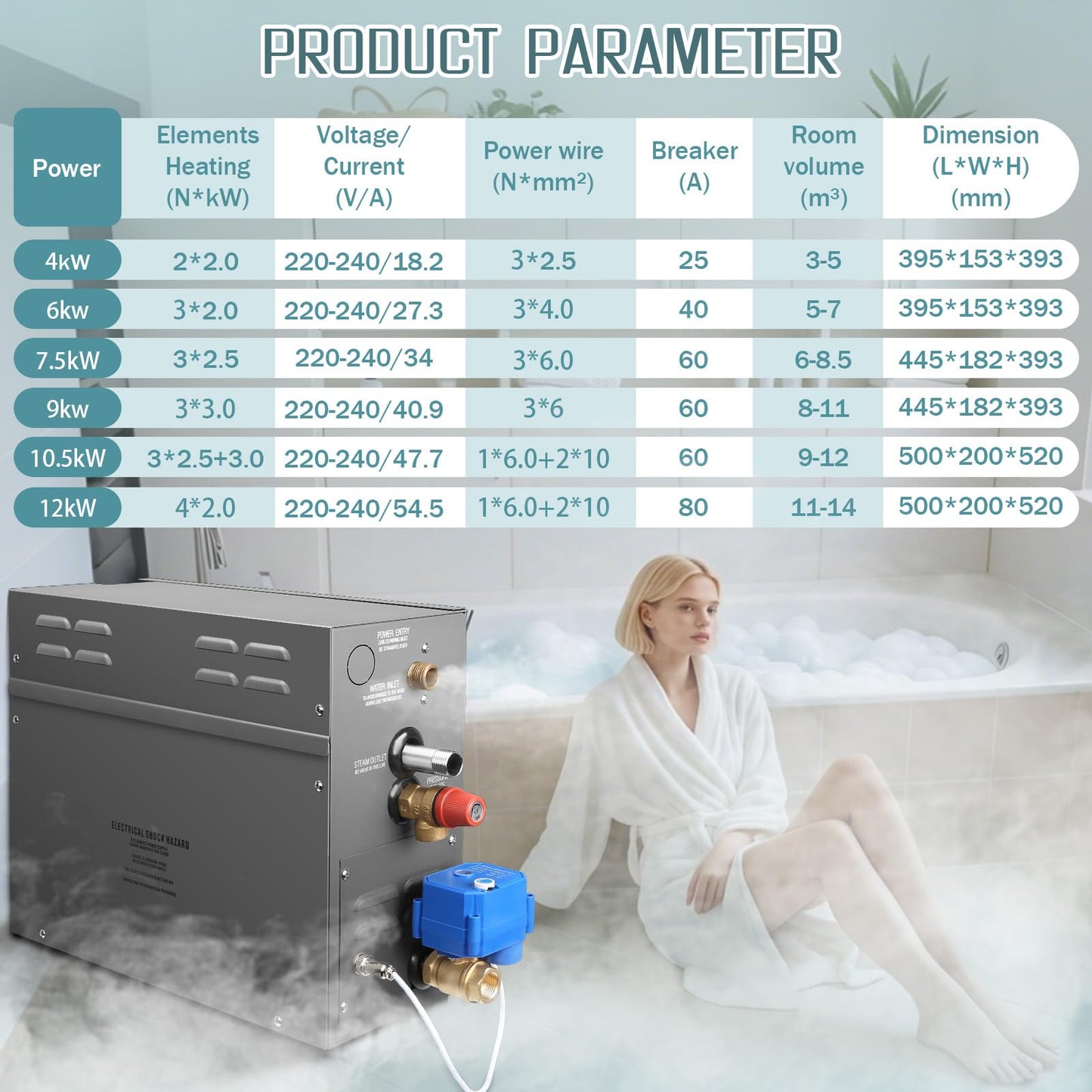 4KW Steam Generator-Quick start continuous steam，with Black digital control panel Self-Draining System, 95-131°F Temp Control,Can be used for heating a space area of 4m³/141Cu.ft. (4KW 220V)