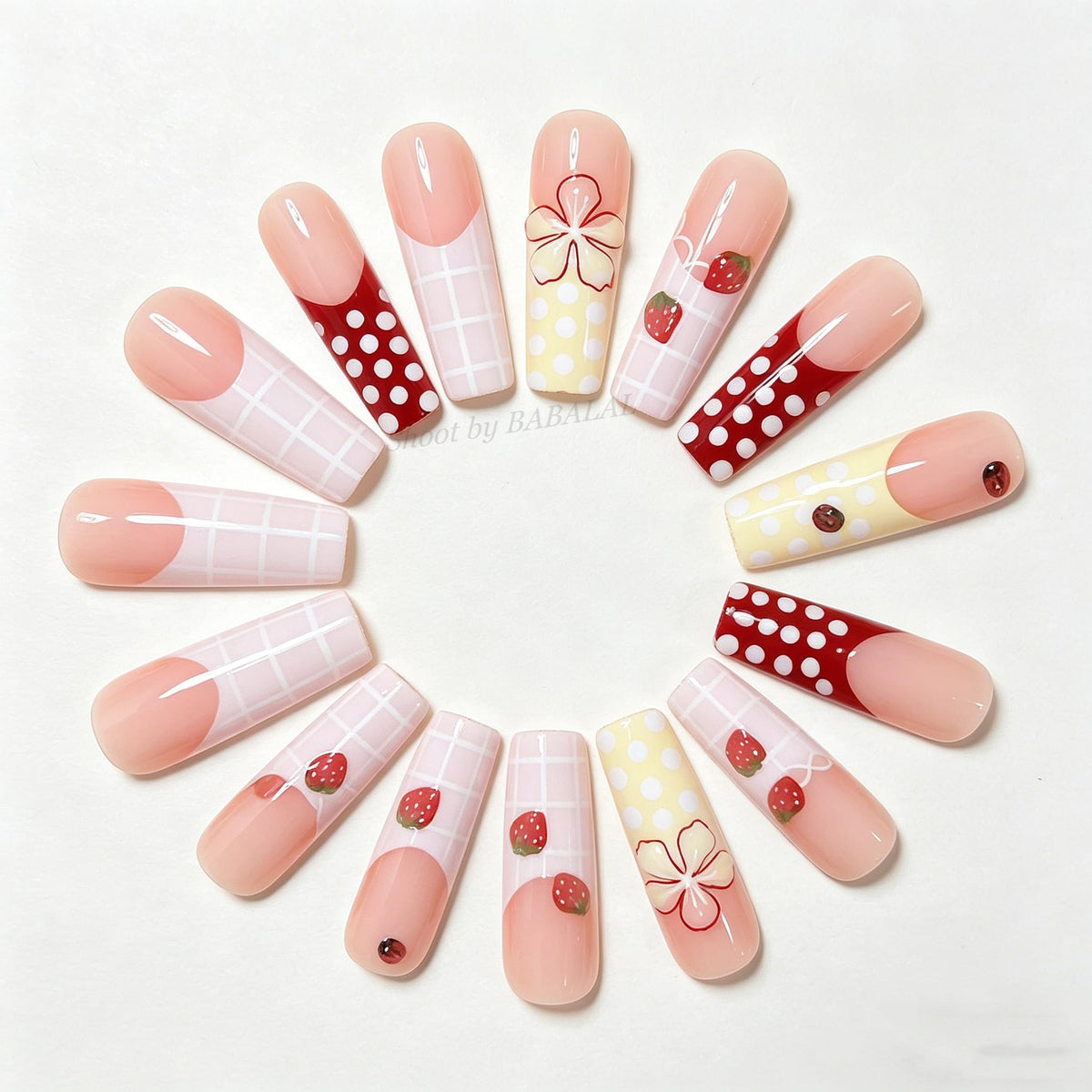 BABALAL Press On Nails, Long Square Fake Nails, Pink Yellow With Strawberry, Floral & Polka Dot Design, Cute Summer Glossy Full Cover Reusable Glue On Nails For Women And Girls 24Pcs