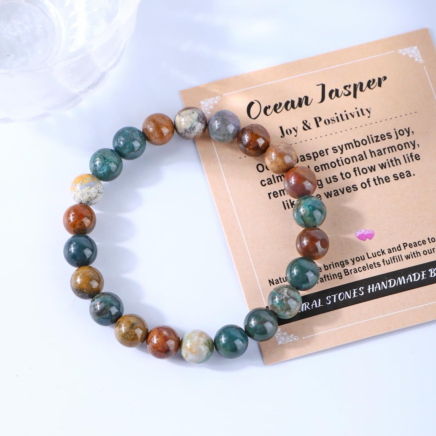 AD Beads 4mm Handmade Ocean Jasper Elastic Bracelet – Natural Gemstone for Joy & Positivity – Meditation, Yoga, Healing and Energy Gift for Men Women