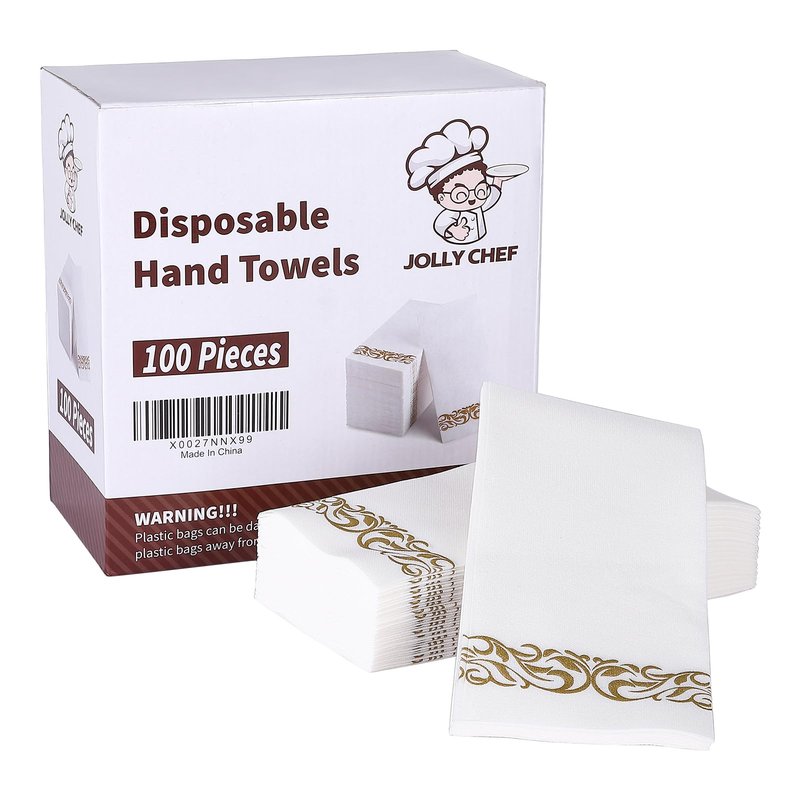JOLLY CHEF 100 Disposable Hand Towels, Soft and Absorbent Linen Feel Dinner Napkin, Elegant Decorative Paper Guest Towels for Kitchen, Bathroom,Thanksgiving, Weddings,Parties, Gold and White