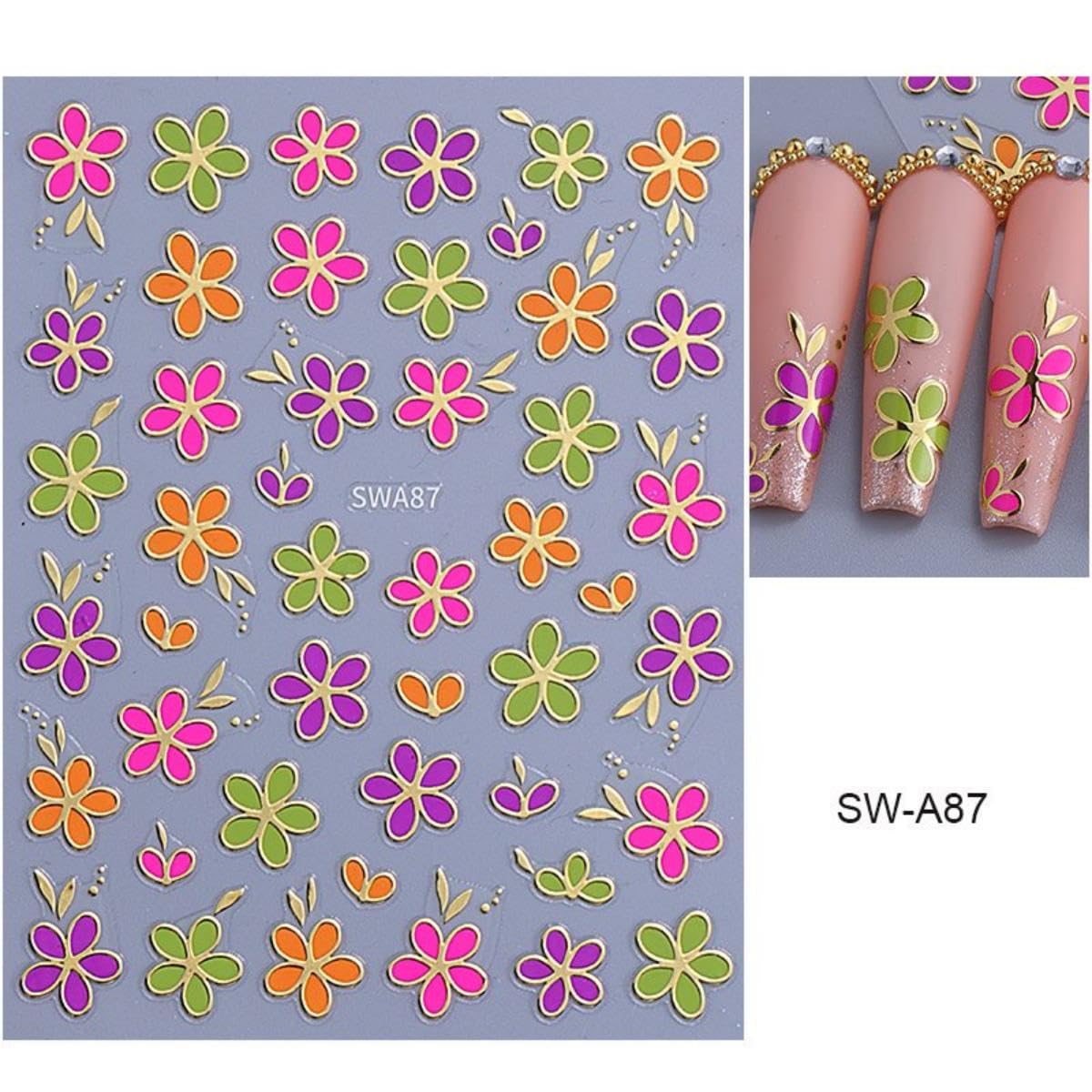 Flower Nail Stickers 3D Self-Adhesive Yellow Floral Nail Art Stickers Pink Daisy Nail Decals Red Flower Nail Designs Green Leaf Summer Nail Art Decoration for Women Girls Manicure 6 Sheets