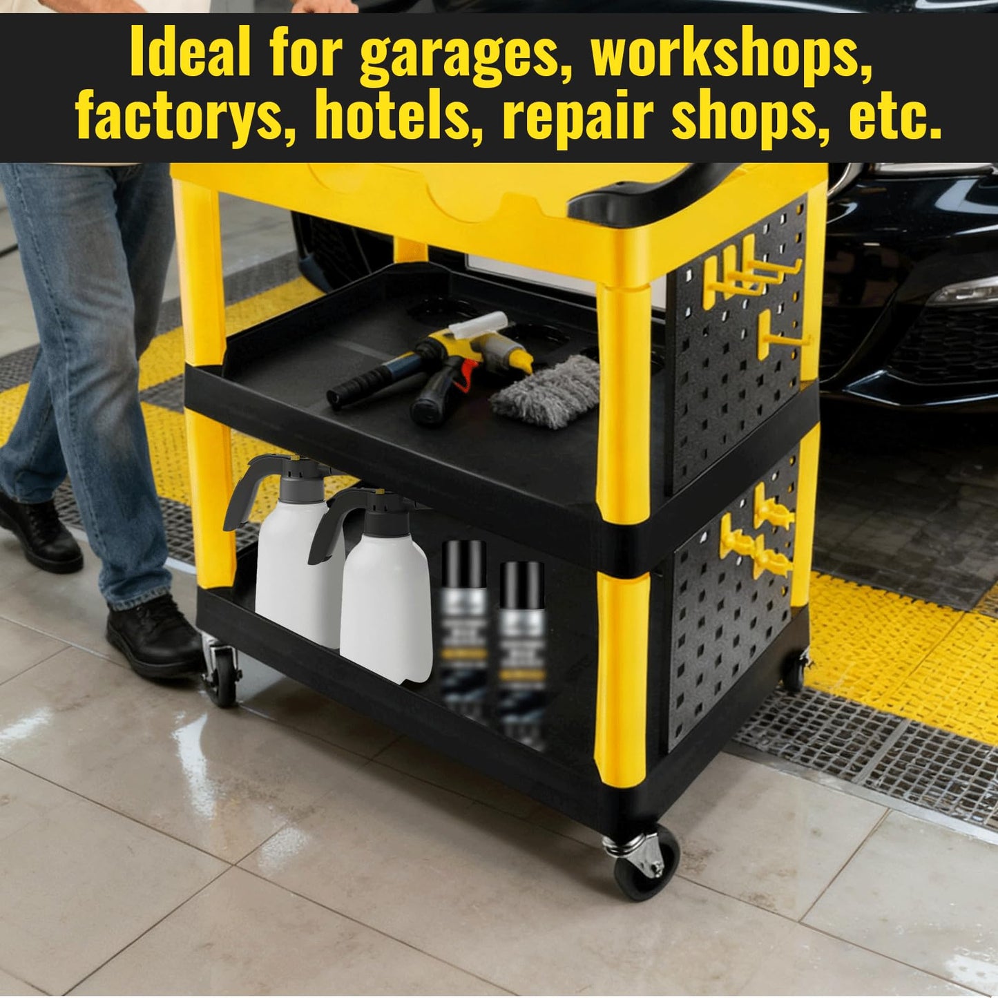 Auto Detailing Cart with Wheels, 3 Tier Car Detailing Cart with Hanging Boards & Hooks, Car Wash Organizer for Garage Workshop DIY Home