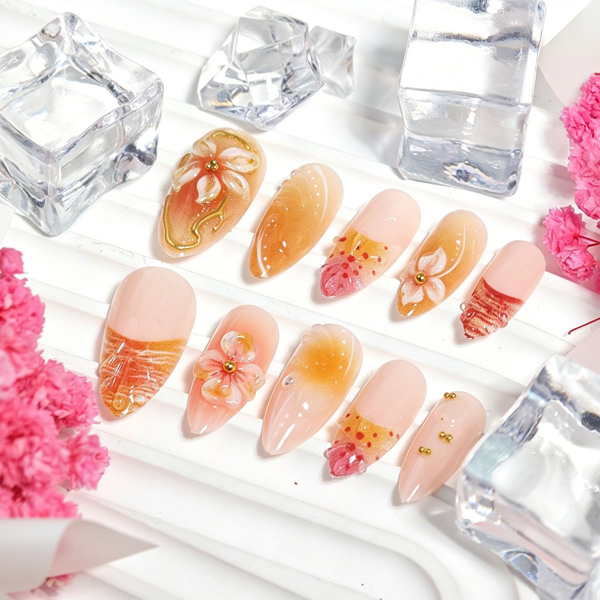 24Pcs Handmade Press on Nails Medium French Tip Fake Nails Almond Shaped 3D Flower Hibiscus with Gold Beads Glitter Design Glue on Nails Spring Summer False Nails for Women Girls Acrylic Manicure