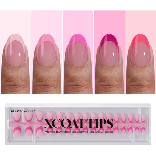 BTArtboxnails XCOATTIPS Pink French Tip Press On Nails - Extra Short Almond Press On Nails, Soft Gel Nail Tips,Soak Off Pink Acrylic Fake Nail Extension in 16 Sizes