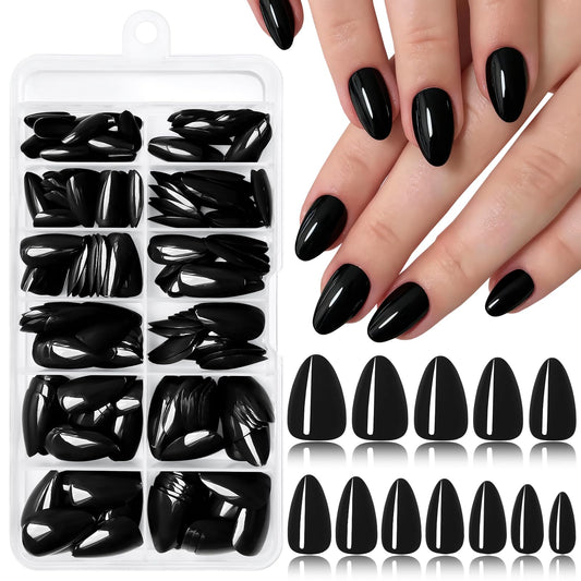 240pc Black Almond Press on Nails Short Fake Nails with Glue Tabs, Short Nails Press on Nail Almond Glue on Nail Black Acrylic Nail Full Cover False Nail Women Girls Artificial Fingernail 12 Sizes
