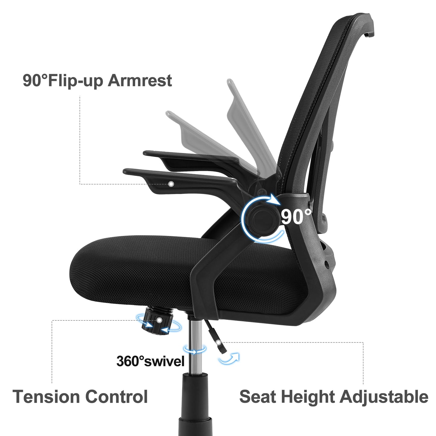 VECELO Mid-Back Swivel Ergonomic Office Chair with Adjustable Arms, Mesh Lumbar Support for Computer Task Work, Black
