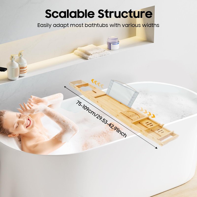 Bathtub Tray Caddy, Expandable Bamboo Bath Tray Waterproof Bamboo Bathtub Trays Bathroom Organizer for Housewarming, Anniversary, Wedding