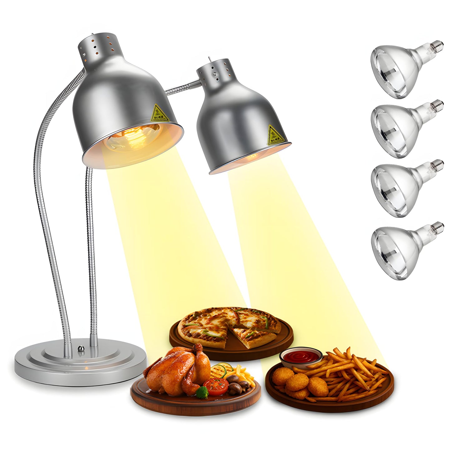 Food Heat Lamp,550W Commercial Food Warmer Lamp,Adjustable Food Warming Light with 4 Bulbs,2 Head Catering Heating Lamp for Kitchen Cafeteria Restaurant Buffet Parties (Silver)