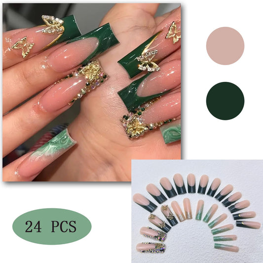 Green French Tip Press on Nails Long Coffin fake Nails Gold Glitter False Nails with Gold 3D Butterfly Designs Sparkly Artificial Nails Cute for Women Girls Nails Decoration 24 Pcs