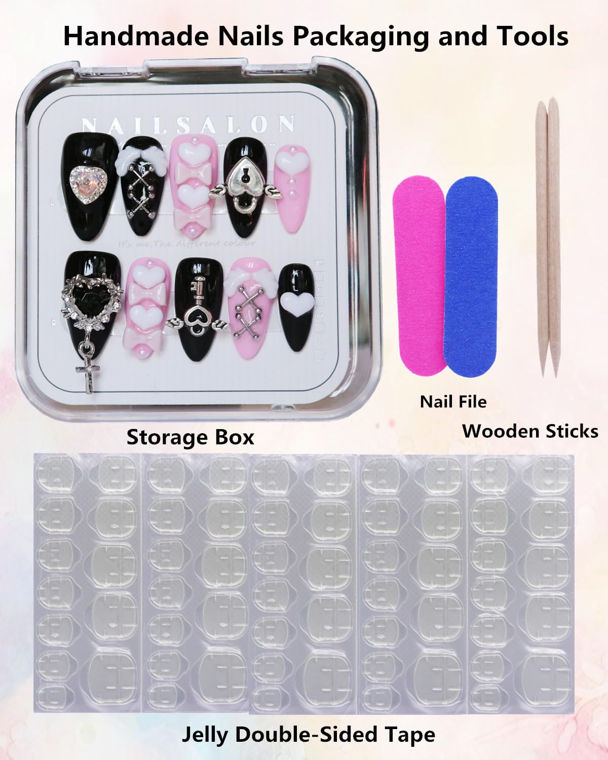 CAMILCY Luxury Handmade Press on Nails Pink Black Almond Short Gothic Heart Cross Charms Long Fake Nails Glossy Full Cover Reusable Acrylic Nail Tips for Women 10pcs (A080, S)