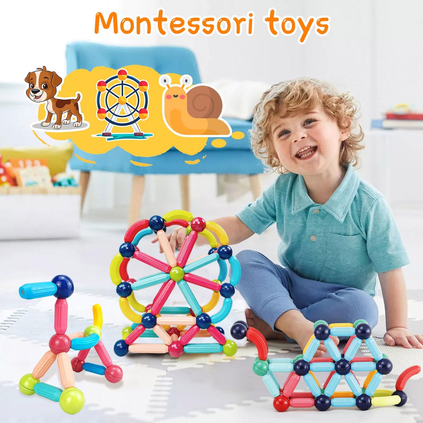 STEMTiles 64PCS Magnetic Building Blocks, Montessori Magnet Toys for Kids Toddlers, STEM Learning Toys for Boys and Girls, Creativity Kids Game
