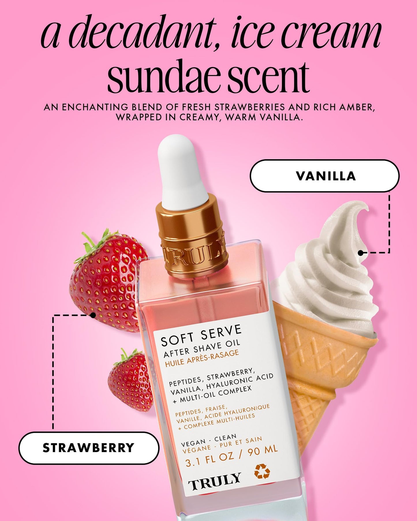Truly Beauty Soft Serve After Shave Oil | Hydrating Treatment for Ingrowns & Irritation | Peptides, Hyaluronic Acid & Strawberry Extract | Soothes & Smooths Skin | Strawberry Vanilla Scent (3.1 Fl Oz)